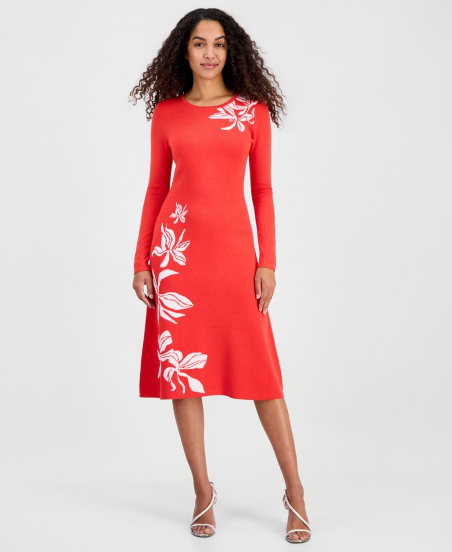 

Женское жаккардовое платье-свитер с цветочным узором, приталенного силуэта и расклешенной юбки T Tahari, Orchid / White