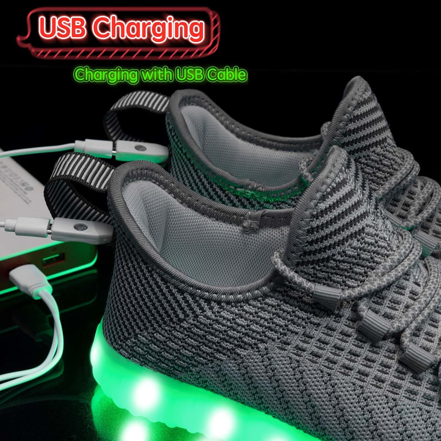 Светящиеся кроссовки для женщин и мужчин, унисекс, с USB-зарядкой, LED, для взрослых, с сетчатым верхом, светящиеся, мерцающие кроссовки для танцев Bosenhulu, серый — фото 4