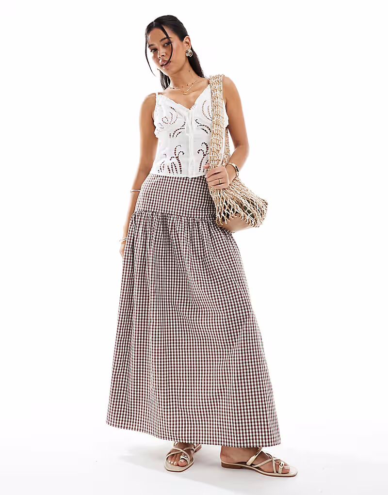 

Длинная юбка ASOS DESIGN с заниженной талией в коричневую клетку