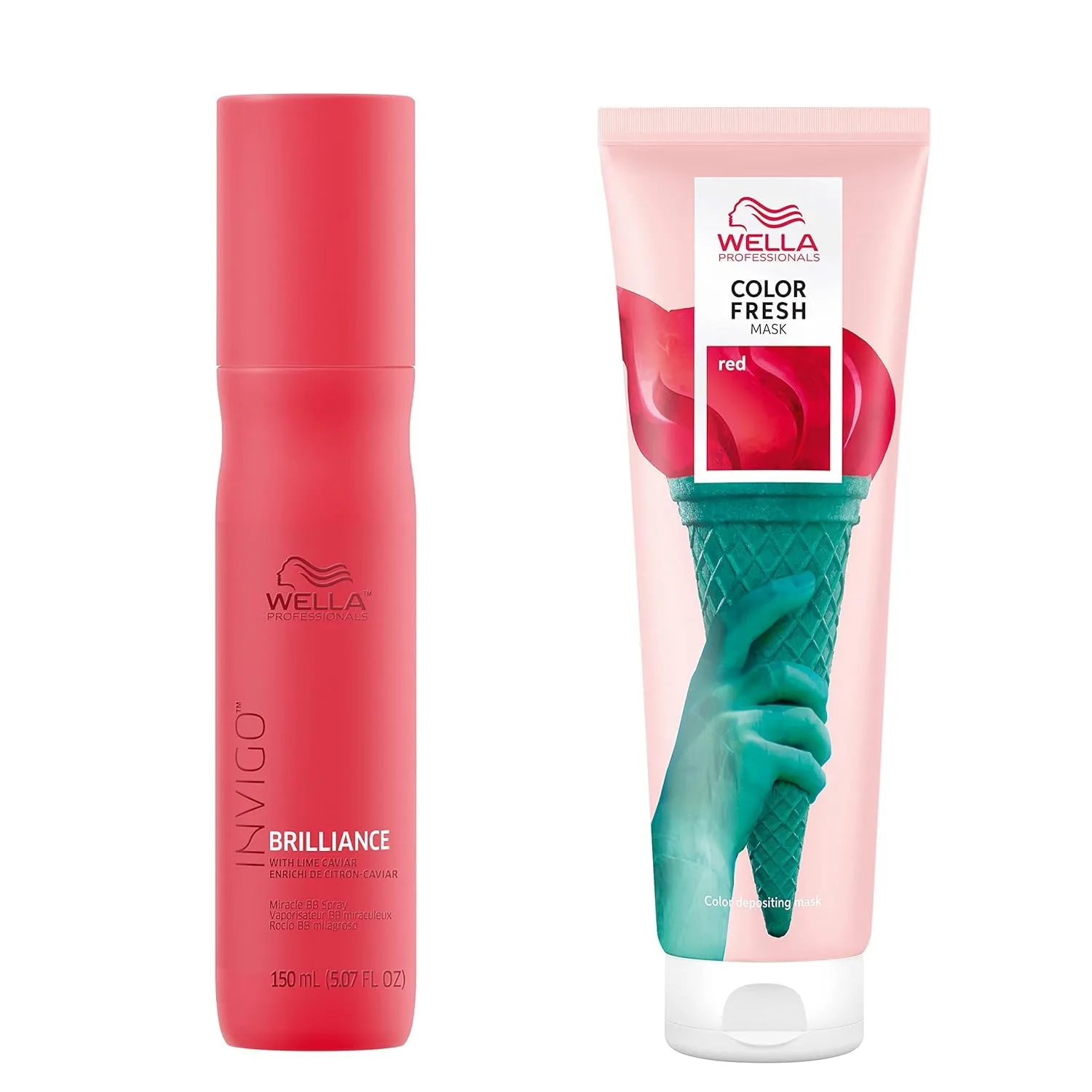 Спрей для защиты цвета волос Wella Professionals Invigo Brilliance Miracle BB + маска для обновления цвета Wella Color Fresh Mask, яркие оттенки, временное окрашивание без повреждений, красный.