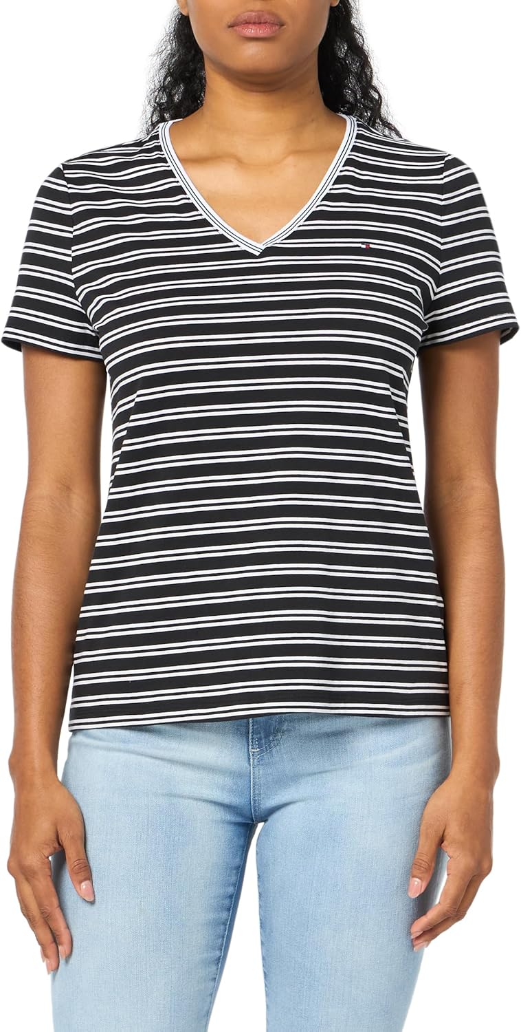 

Женские классические футболки Tommy Hilfiger - хлопковые футболки с V-образным вырезом для женщин, Black/Bright White, Белый, Женские классические футболки Tommy Hilfiger - хлопковые футболки с V-образным вырезом для женщин, Black/Bright White