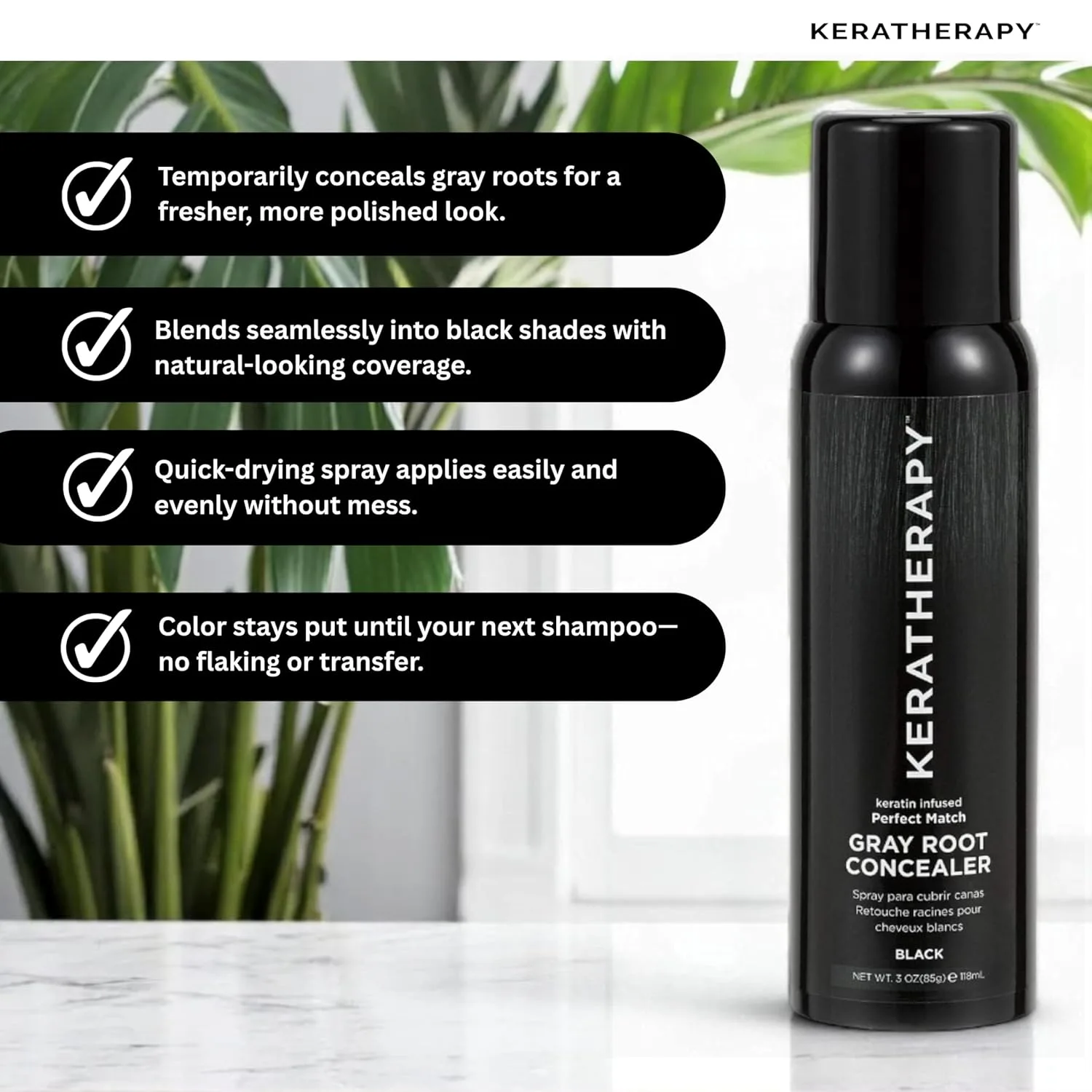 Keratherapy Keratin Infused Perfect Match Gray Root Concealer Spray, Black, 3 унции, 118 мл - спрей для маскировки седины у корней 85.05 г / 85 г, 118 мл, Black — фото 3