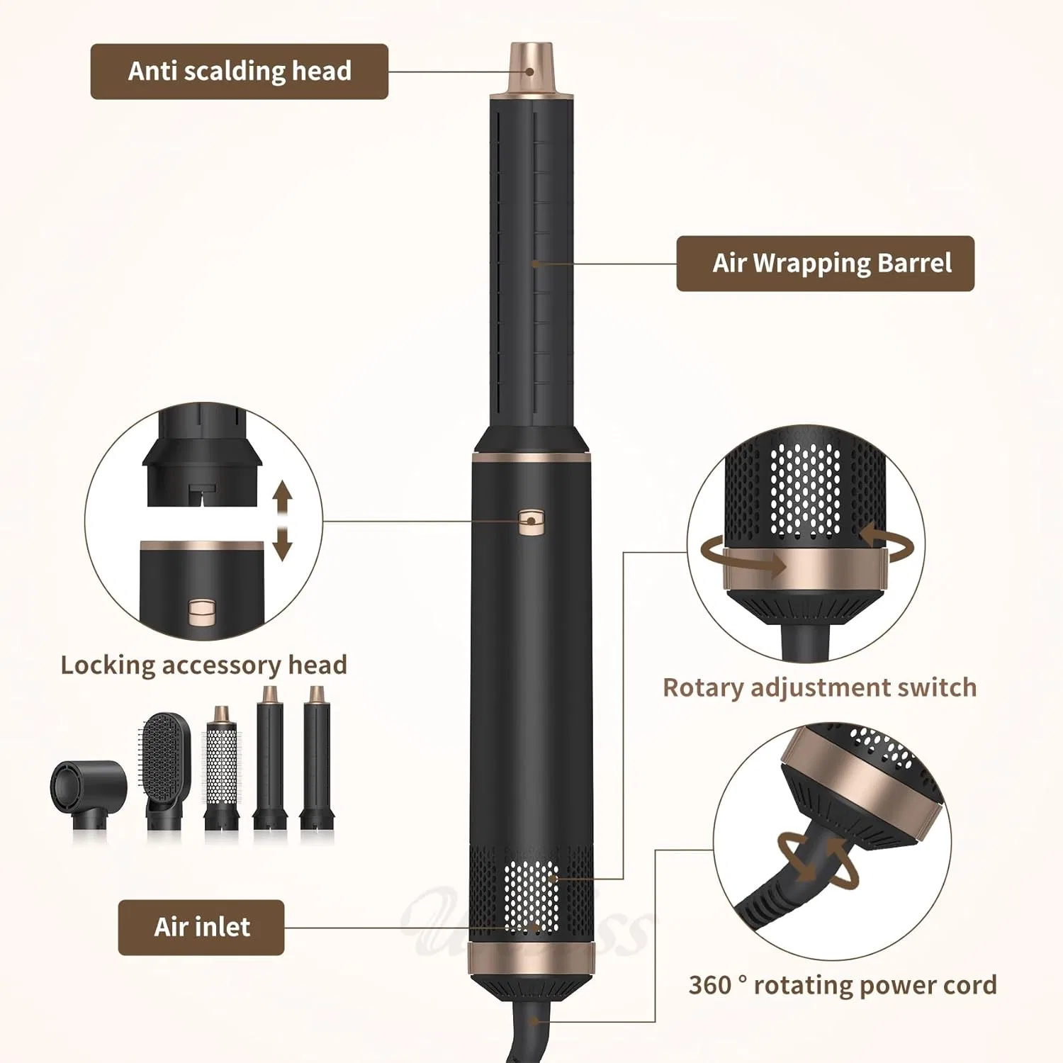 Набор для укладки волос 5 в 1 Airstyler 1000 Вт Vefacion, 5 In 1 Airstyler Black — фото 2