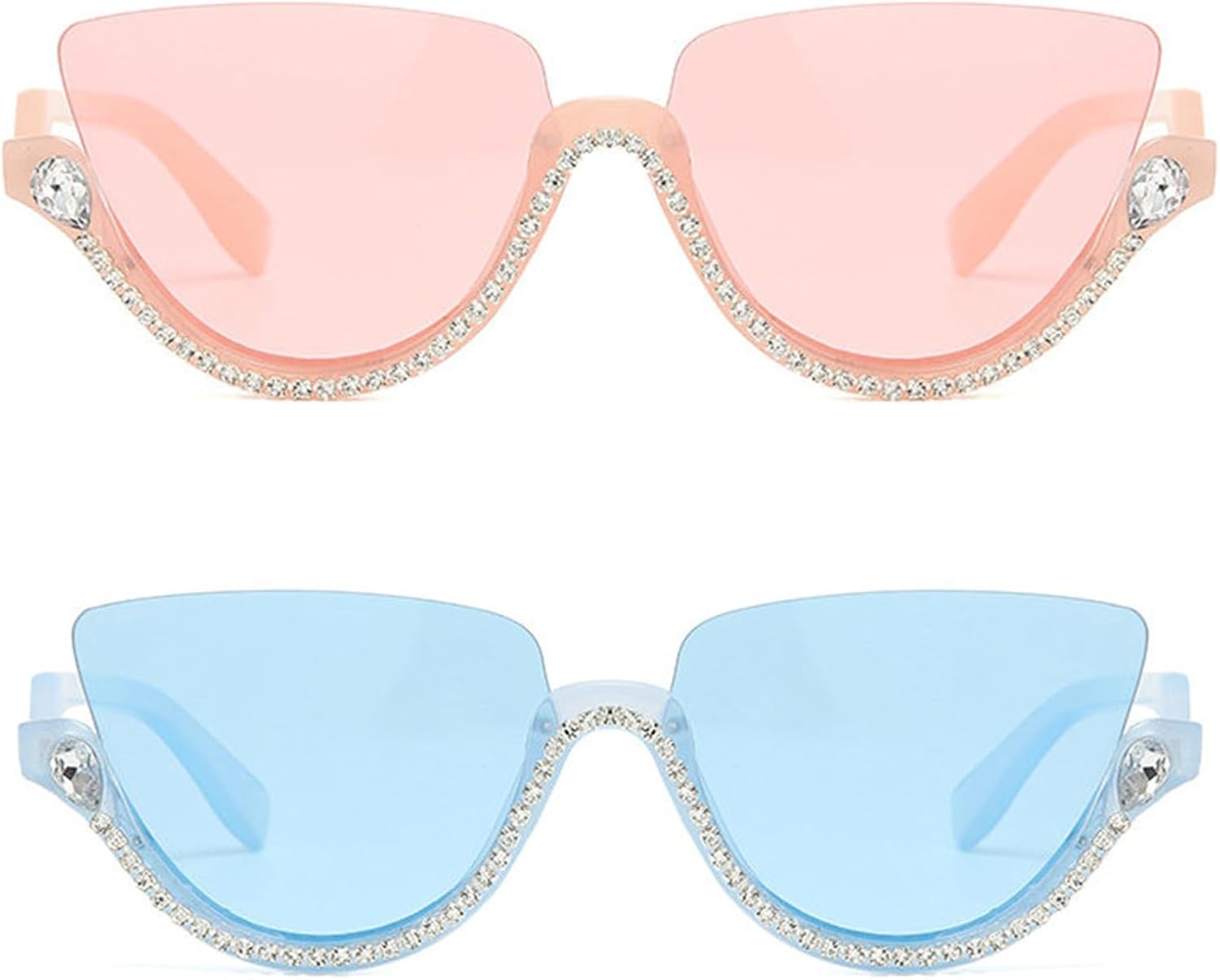 

Солнцезащитные очки Willochra в полуободковой оправе со стразами для женщин, солнцезащитные очки «кошачий глаз» с бриллиантовым блеском, хрустальные солнцезащитные очки, 2pcs-blue&pink