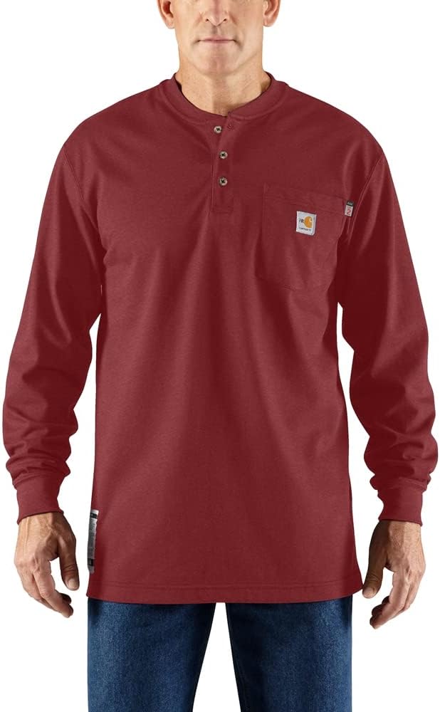 

Футболка Carhartt Men's Flame Resistant Force Cotton с длинным рукавом, хенли, Dark Barn Red