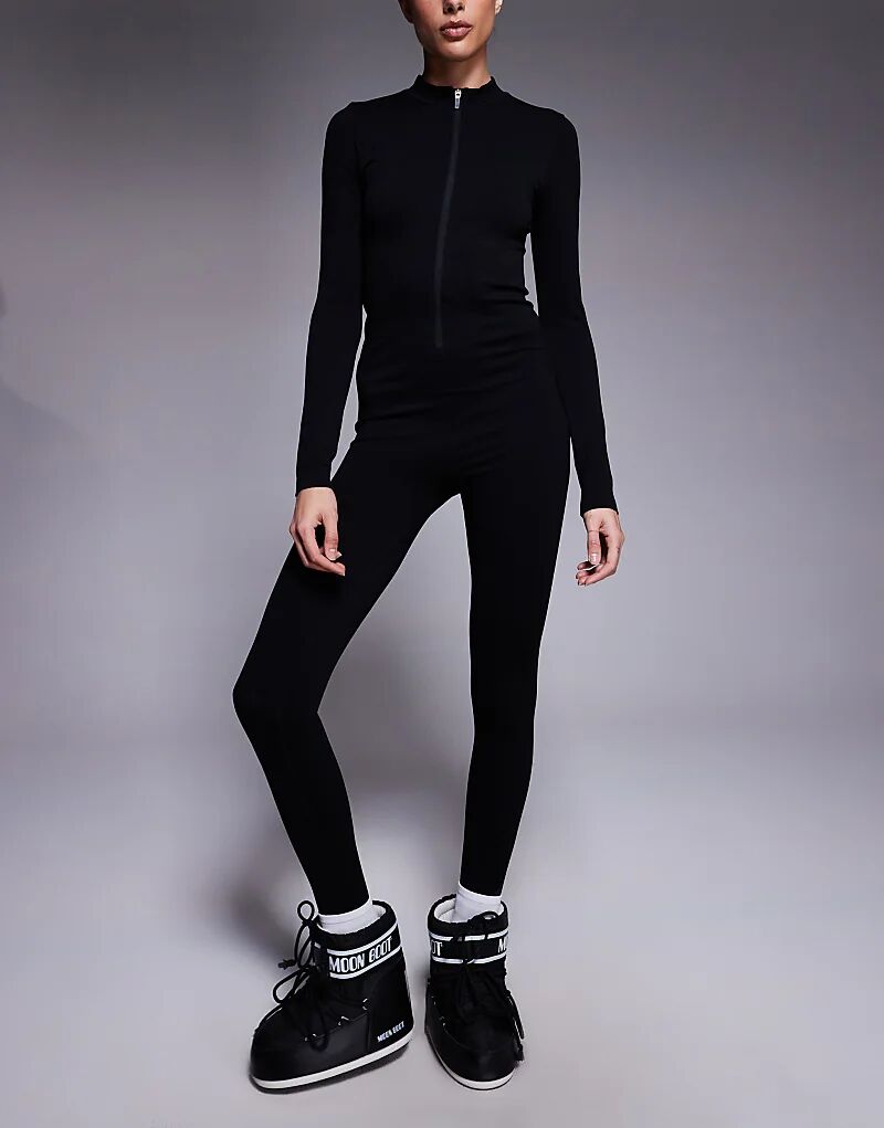 

4505 Высокий бесшовный комбинезон на молнии спереди, черный