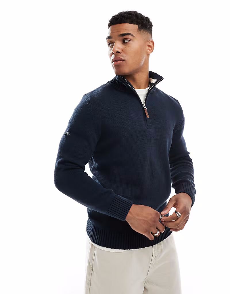 

Классический трикотажный джемпер Superdry Cotton с застежкой-молнией на половину длины в темно-синем цвете