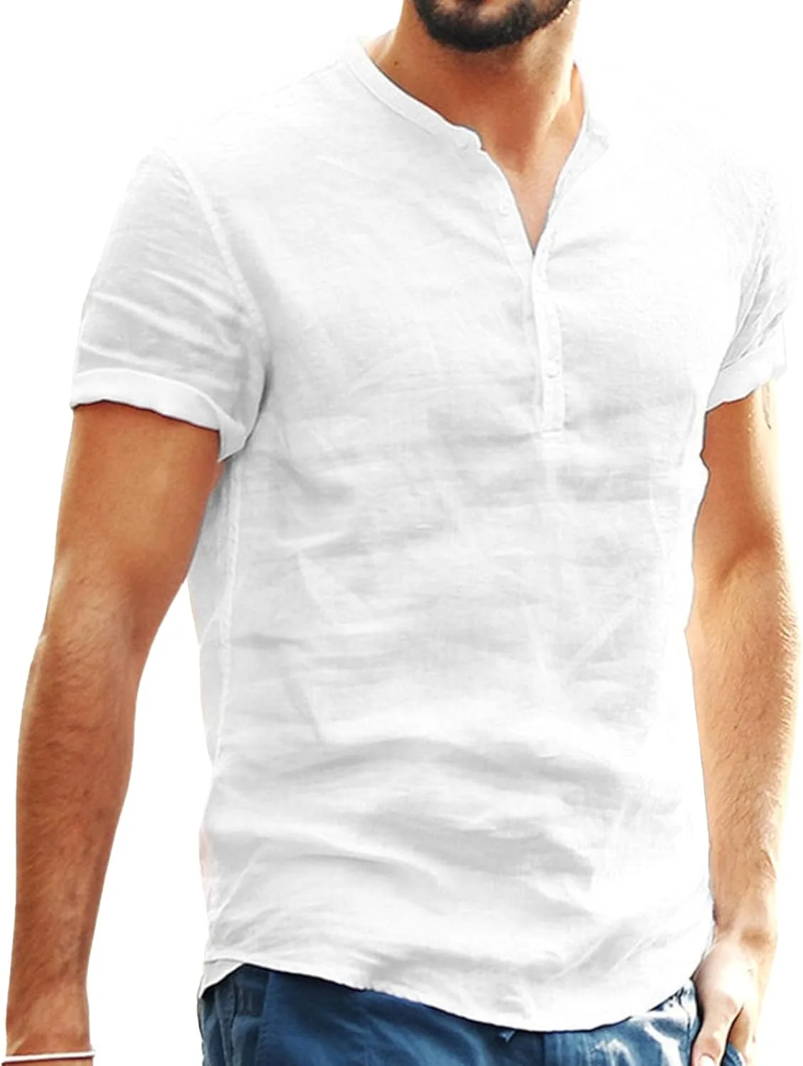 

Мужская футболка с воротником стойкой и V-образным вырезом, короткий рукав, хлопок-лен Maiyifu-GJ