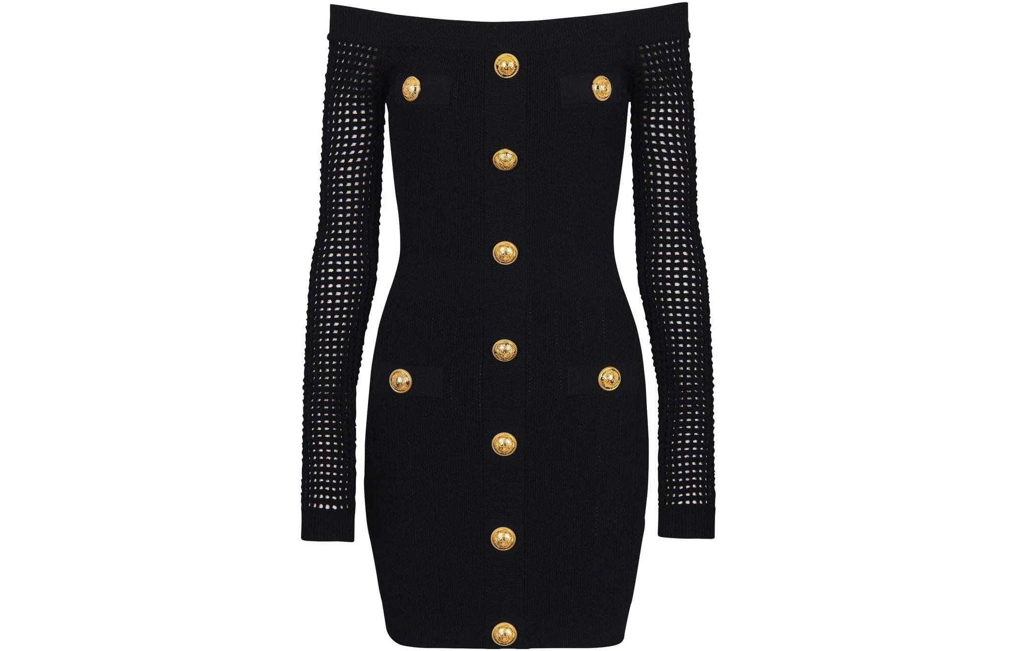 Платье с открытыми плечами из сетчатой ткани BALMAIN, черный