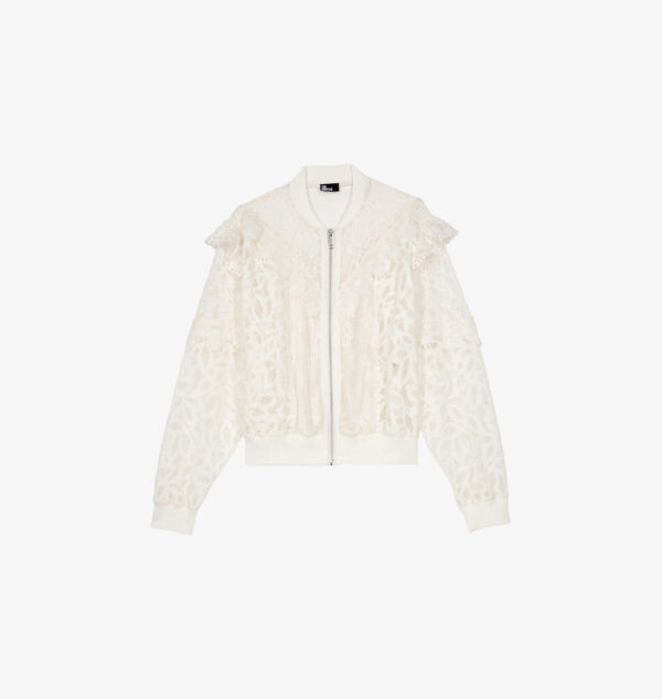 

Тканая куртка на молнии с кружевной вышивкой и оборками The Kooples, экрю