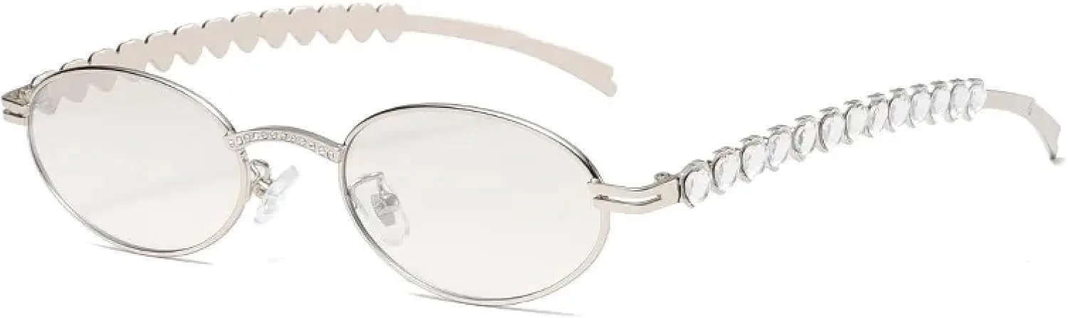 

Модные солнцезащитные очки для женщин и мужчин, серебристые овальные, с защитой от синего света, с маленькими стразами, металлическая оправа TYUVIVO, Light Grey