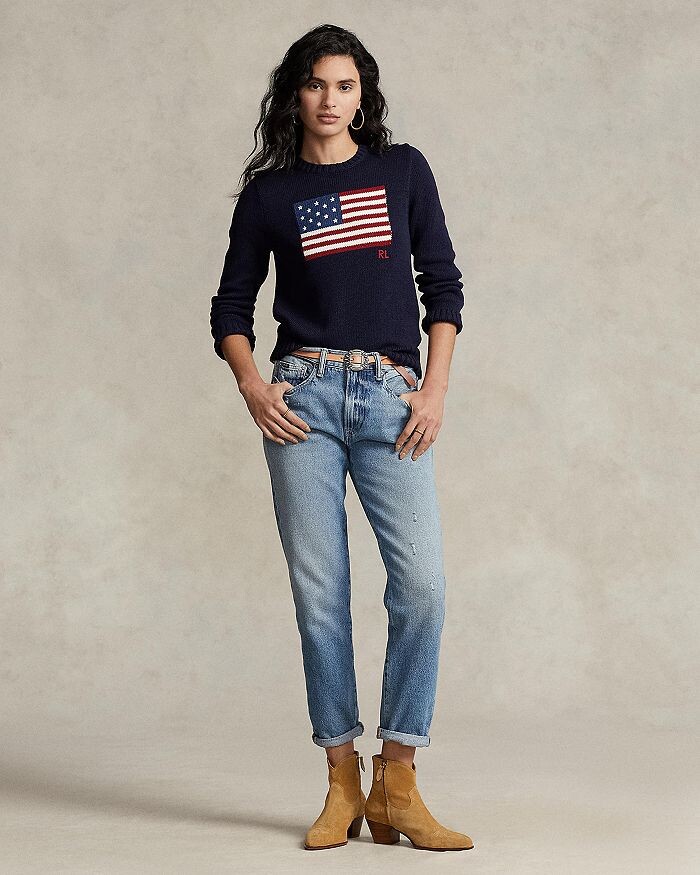 Хлопковый свитер с круглым вырезом Polo Ralph Lauren с американским флагом, синий — фото 4