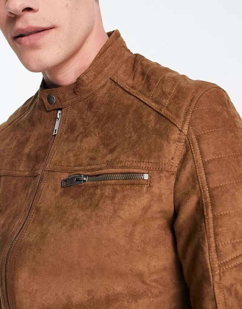 Jack & Jones Essentials — косуха светло-коричневого цвета из синтетической замши — фото 3