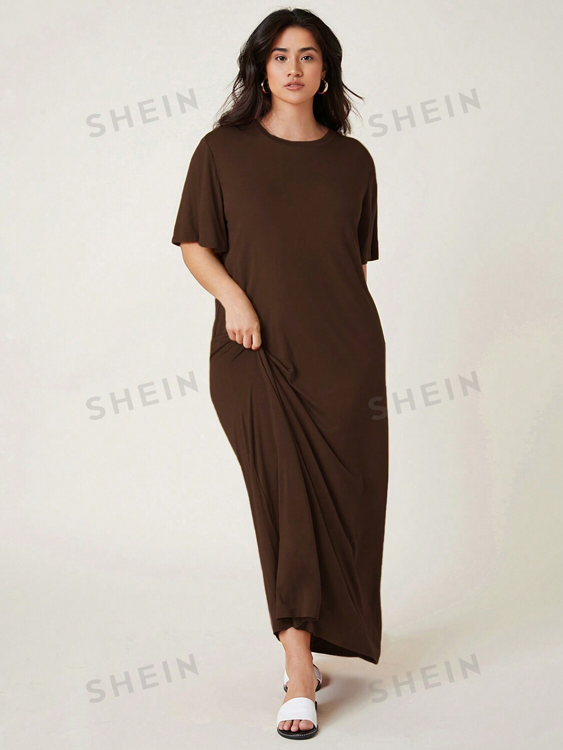 

BASICS plus size, Однотонное платье, свободного кроя, удобного кроя Shein, кофейно-коричневый