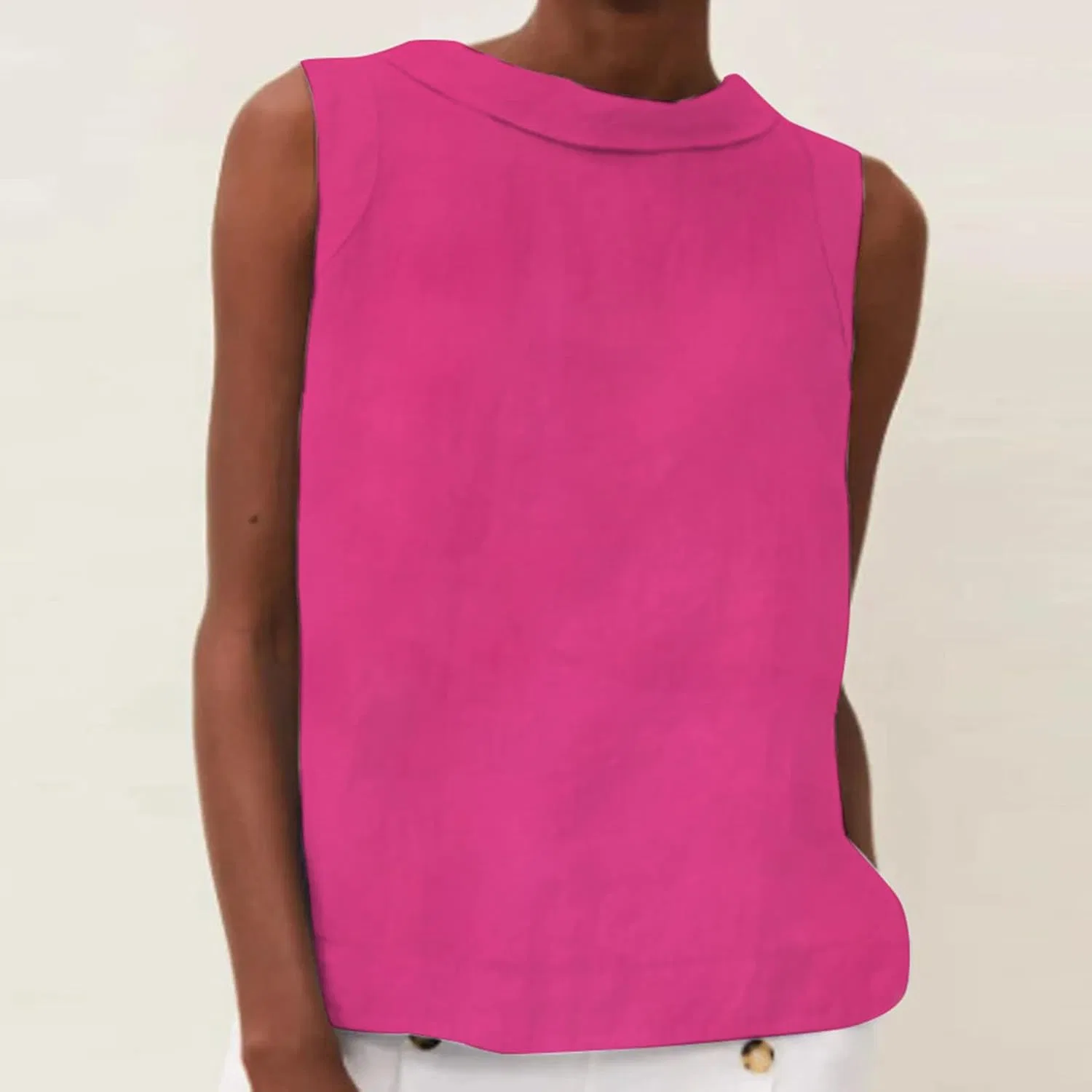 Женский топ-майка из хлопка и льна, с круглым вырезом, свободный крой, 01#hot Pink — фото 2