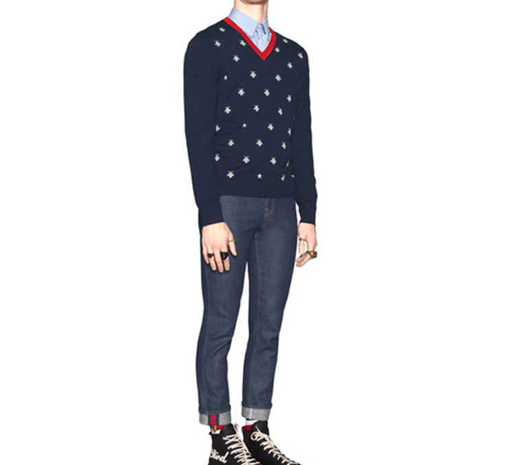 Свитер Gucci Bee Print V-Neck Sweater For Men Navy 431749-X1311-4696, синий — фото 3