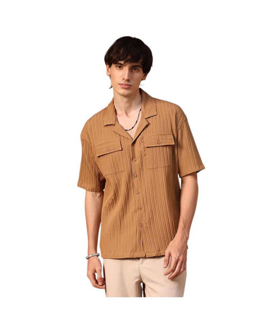 

Мужская рубашка свободного кроя верблюжьего цвета с тактильной подкладкой Campus Sutra, Brown