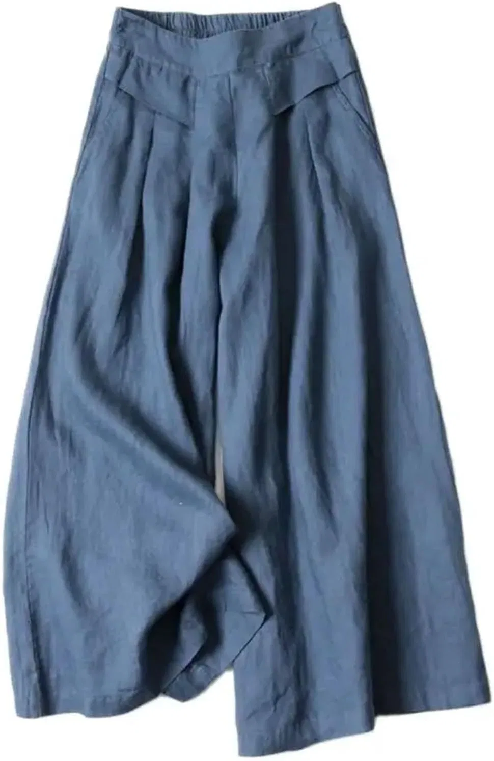 Женские льняные укороченные брюки-юбка с широкими штанинами, свободного кроя, с тонкой эластичной резинкой на талии, утягивающие брюки до середины икры — фото 2