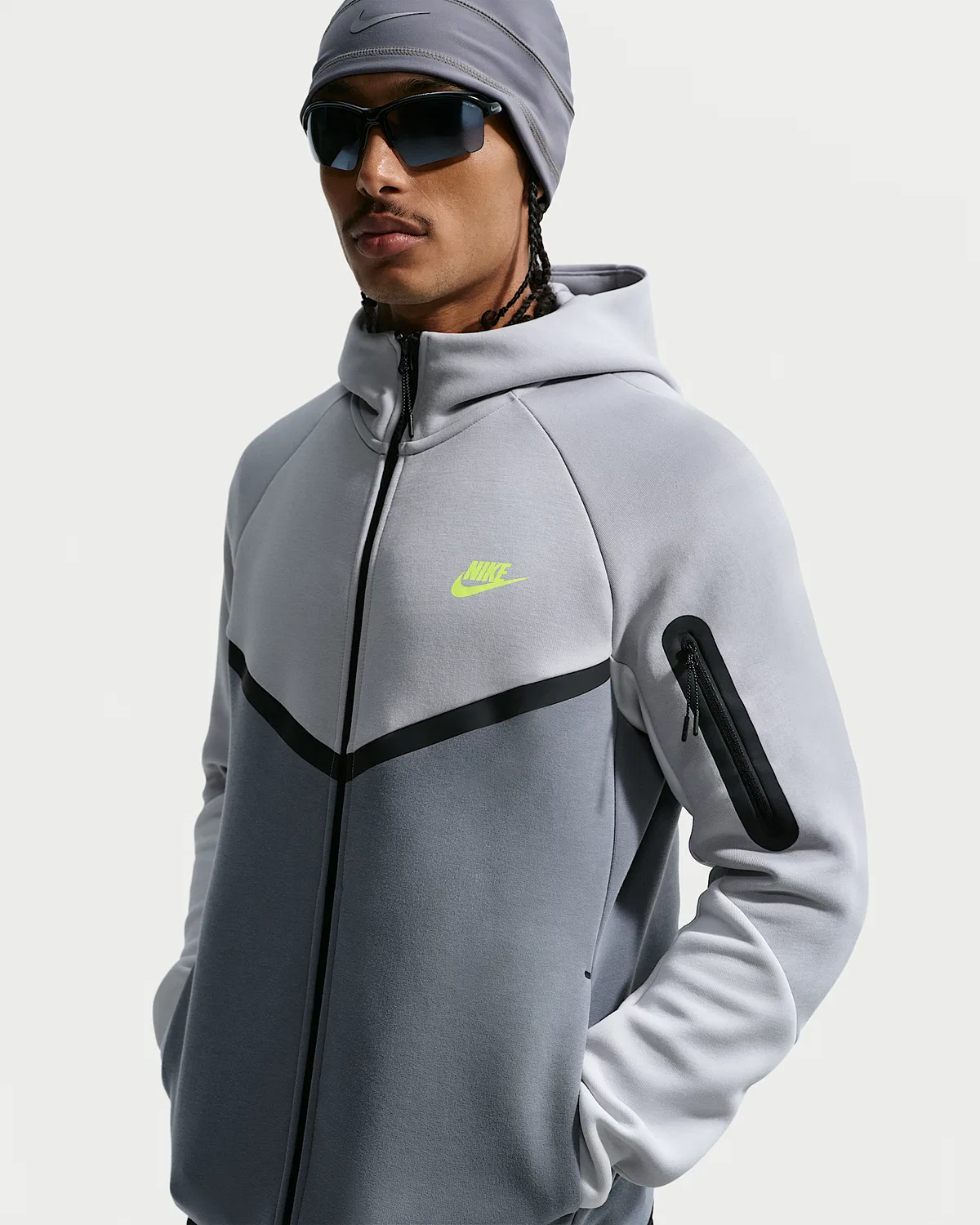 Мужская флисовая ветровка Nike Tech на молнии, Light Smoke Grey/Cool Grey/Photon Dust/Volt — фото 3