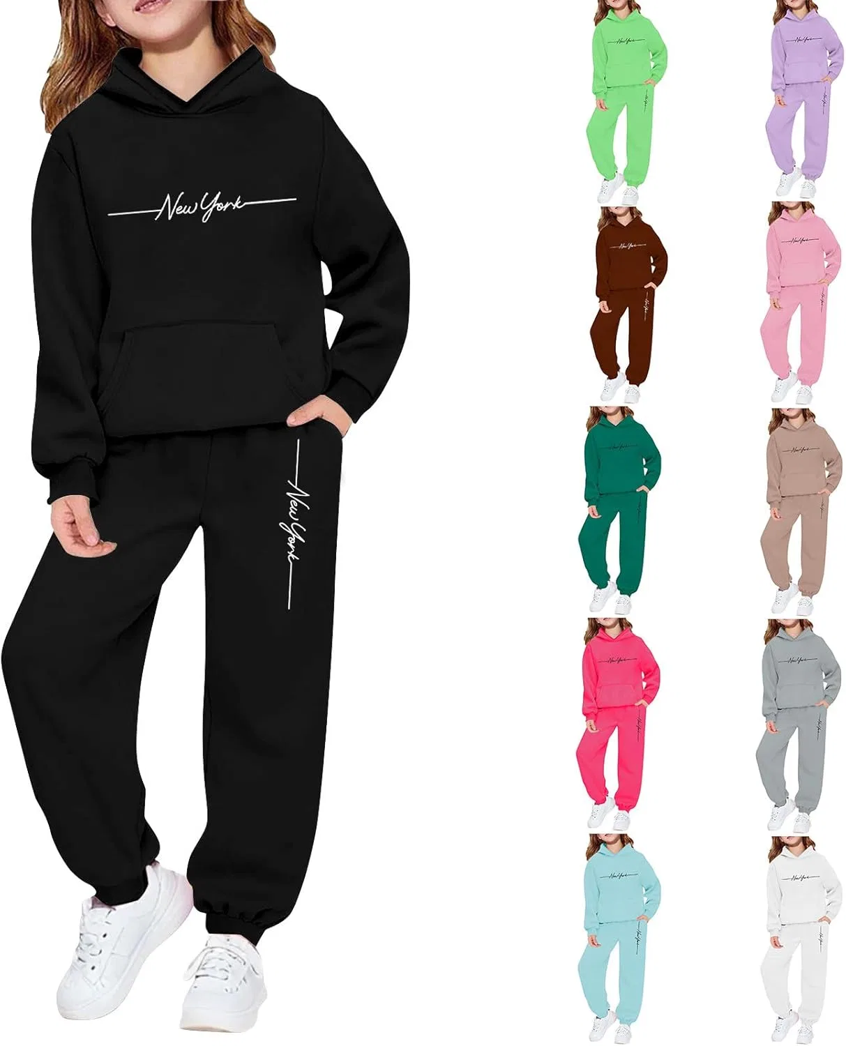 Generic Комплект New York Sweatsuits для девочек: флисовая толстовка с графическим принтом и спортивные штаны-джоггеры. Осенняя одежда, черный — фото 4