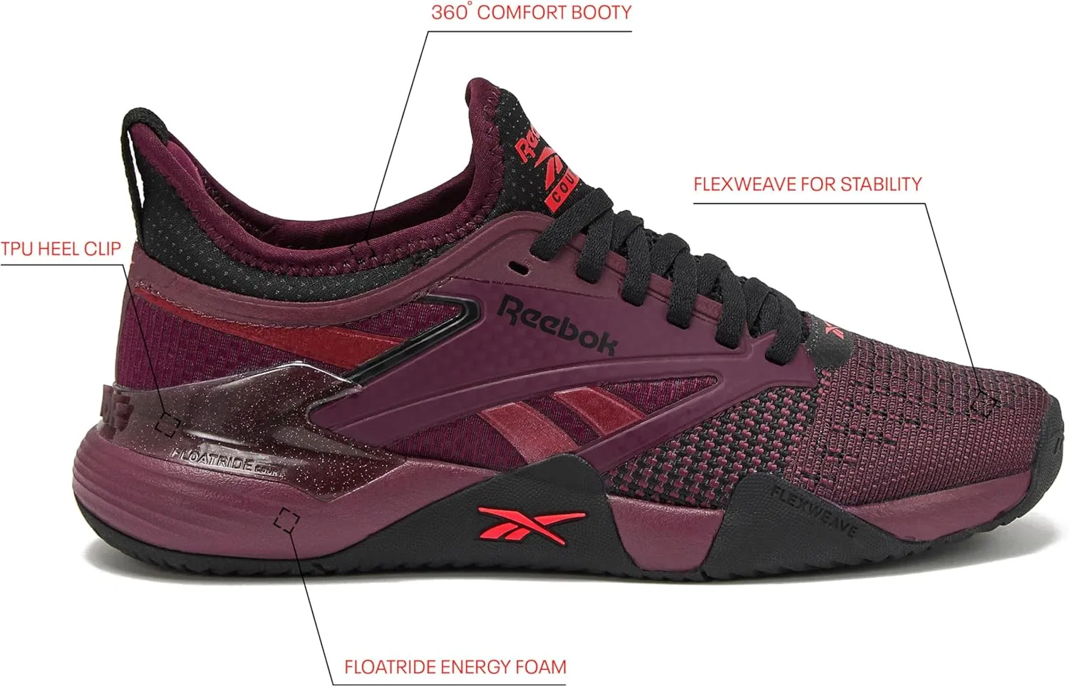 Кроссовки для корта Reebok Nano Court, Black Cherry/Black/Retro Red — фото 2