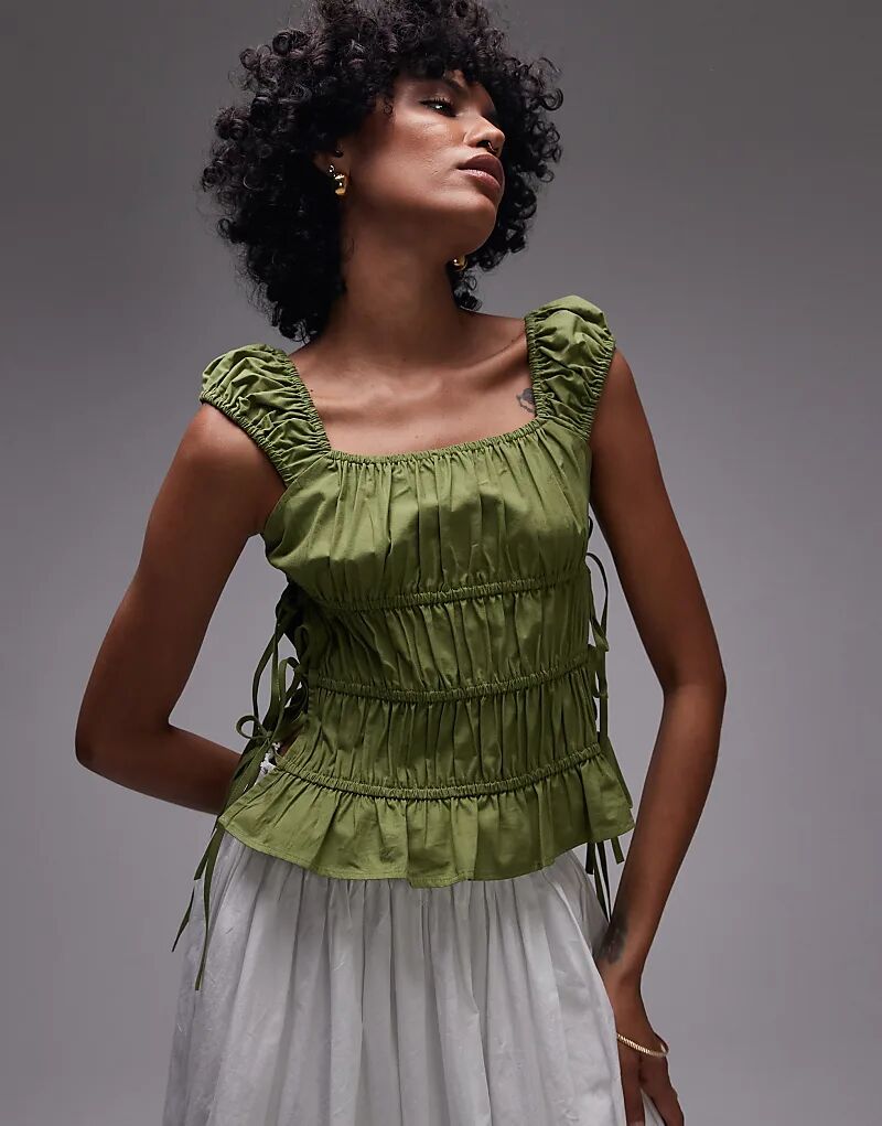 

Топ Topshop с завязками по бокам, собранный в рюши, зеленого цвета