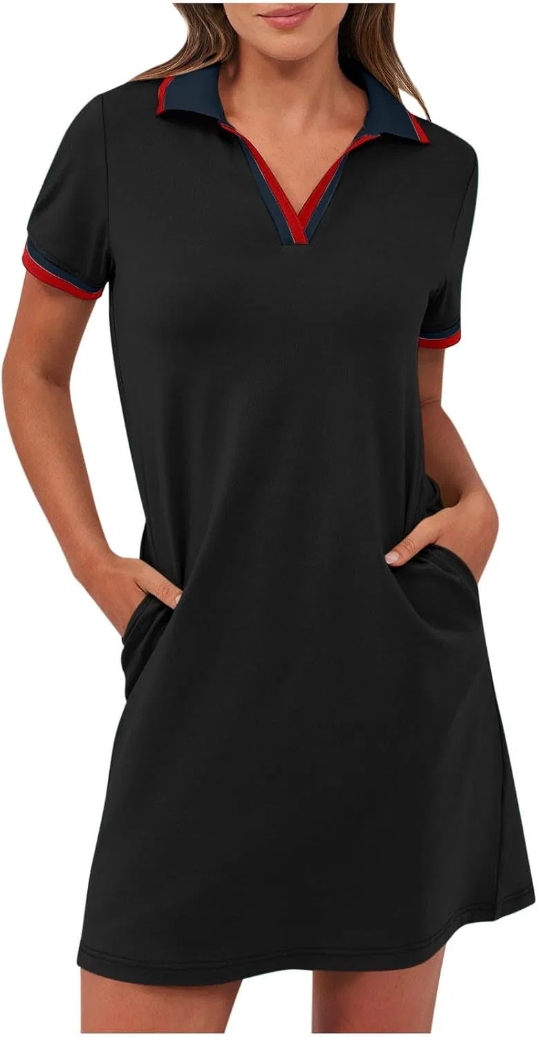 Платье для гольфа и тенниса с коротким рукавом, женское, Black-red