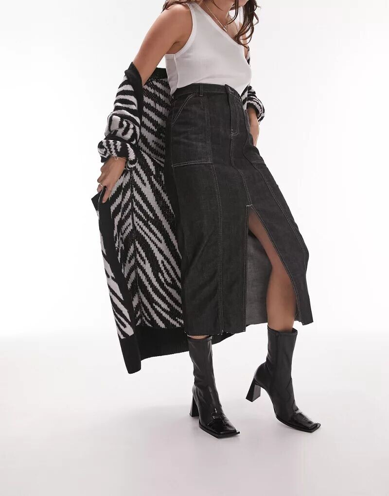 

Черная практичная юбка миди Topshop, Черный, Черная практичная юбка миди Topshop