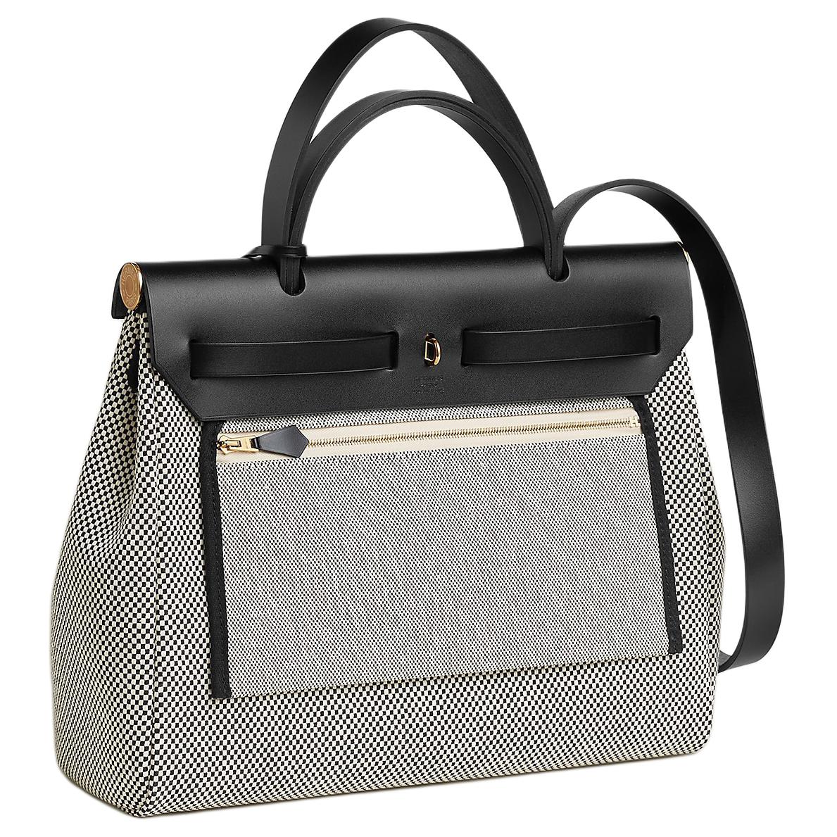 HERMES Herbag Zip Criss Viking Canvas с кожаной отделкой Hunter Cow, женская сумка через плечо, бежевая и черная — фото 3