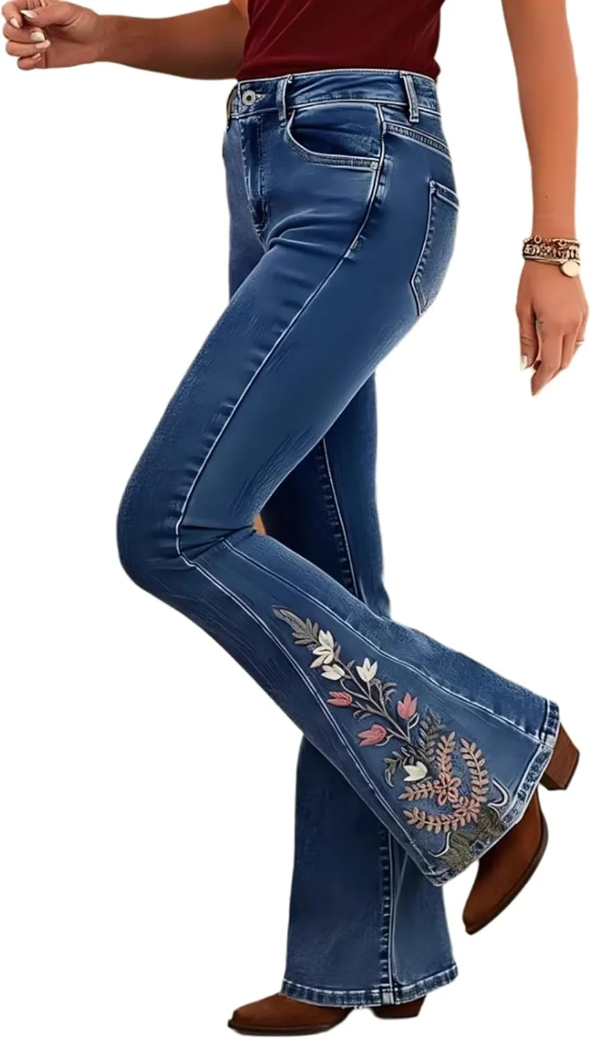 

Женские джинсы с цветочной вышивкой и клеш QLAUYIOE