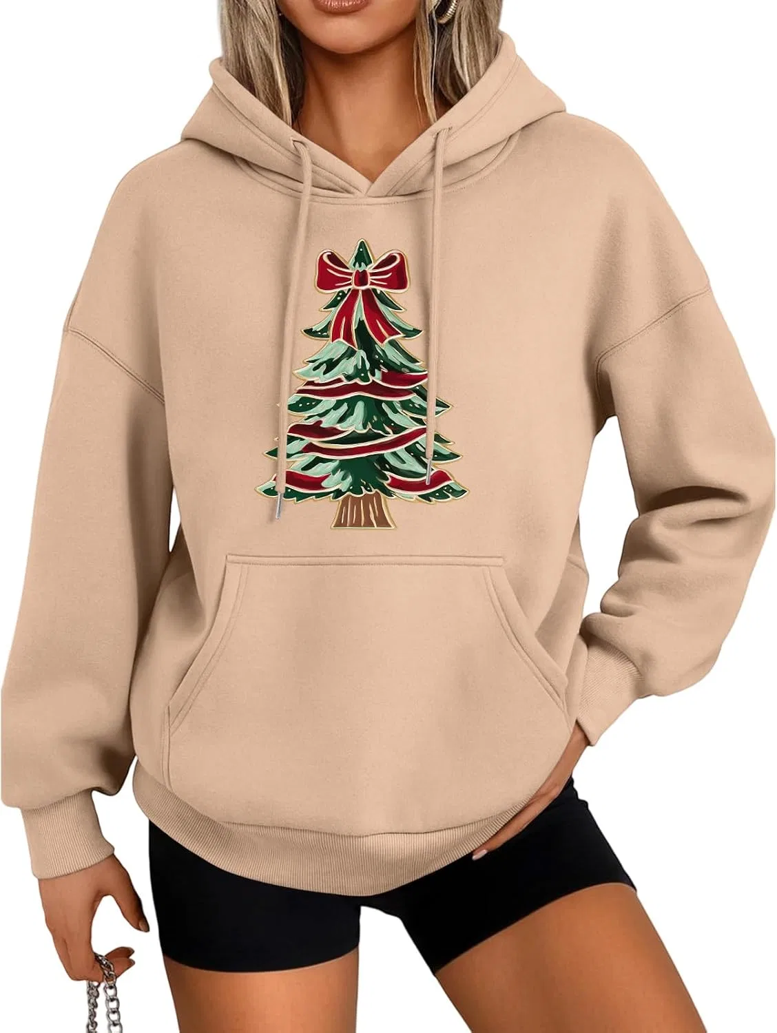 Женский худи с принтом елки, Polyester, Khaki
