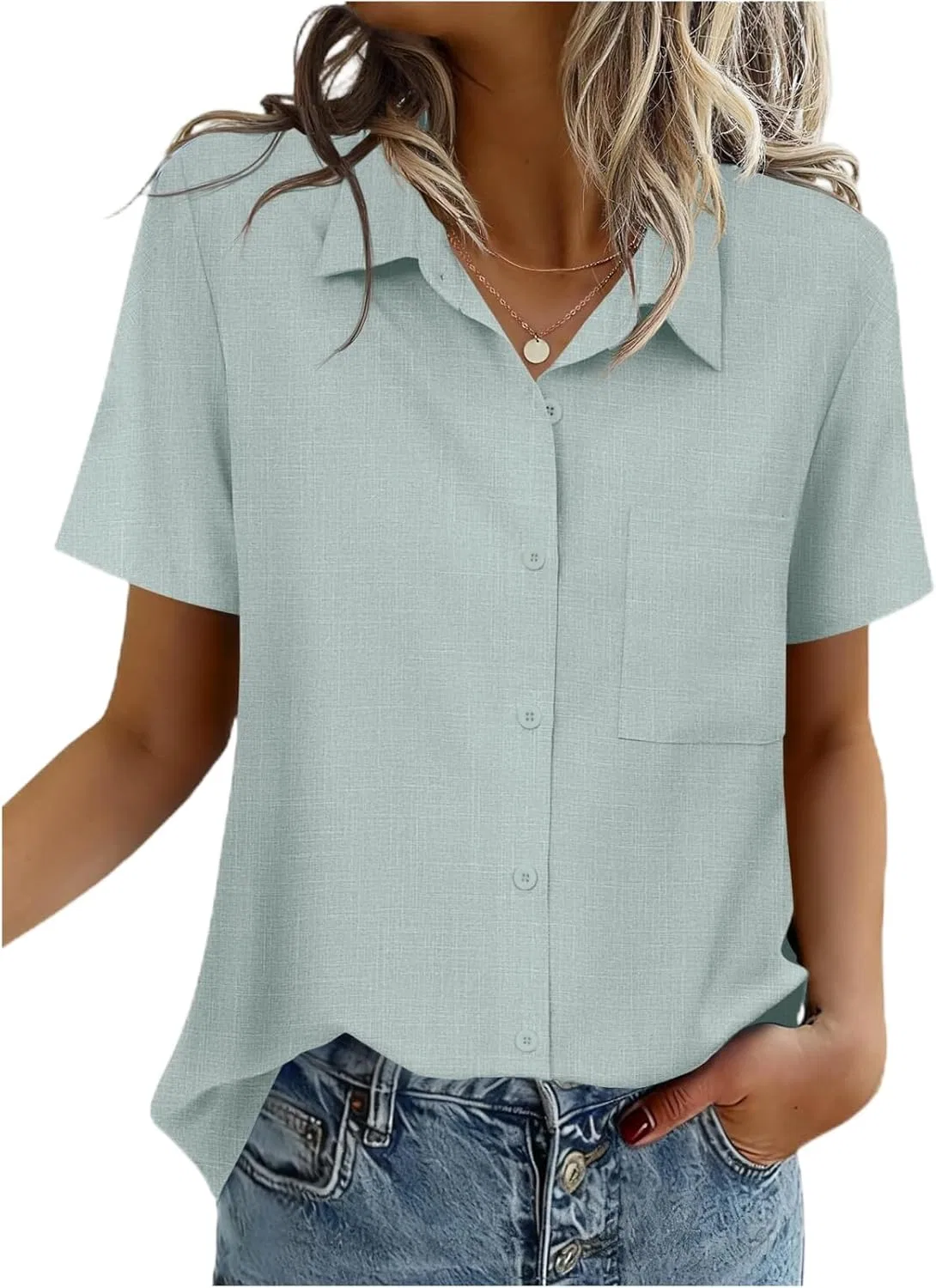 Блузка с принтом, Women's 2026, на пуговицах, 1-light Blue