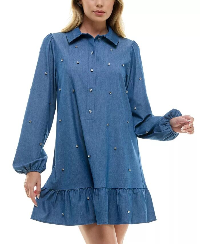 

Детское платье с воротником и длинными рукавами, украшенное стразами Crystal Doll, синий