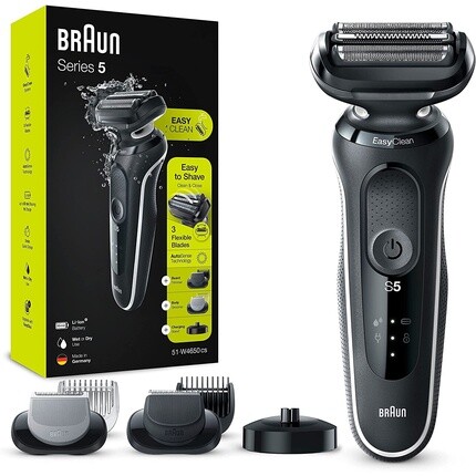 

Мужская бритва Series 5 с 2 насадками Easyclick, электробритва/триммер для бороды/машинка для ухода за телом, зарядная станция, Easyclean, влажная и сухая очистка, аккумуляторная и беспроводная, подарок ко Дню отца, 51-W4650Cs, белый, Braun