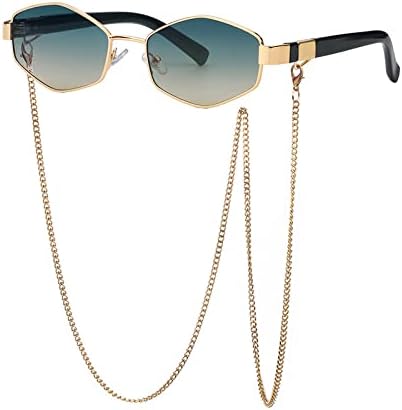 

Солнцезащитные очки в стиле ретро с шестиугольными линзами и цепочкой для женщин. Уникальные многоугольные солнцезащитные очки для женщин в маленькой оправе MTZJH, Green Yellow