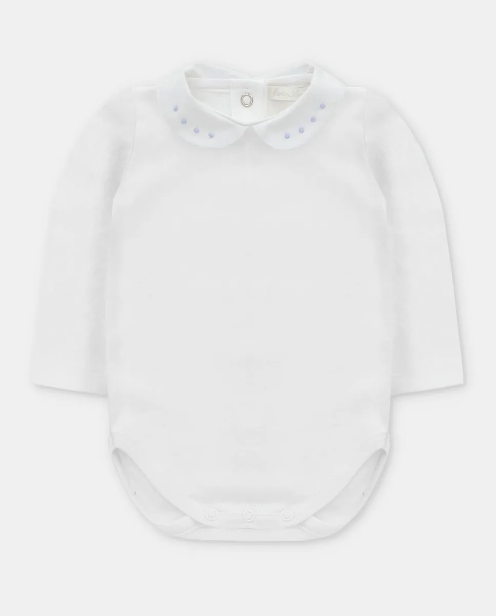 

Боди для малыша из белого интерлока с воротником «солдатик» вышитым голубым Martín Aranda