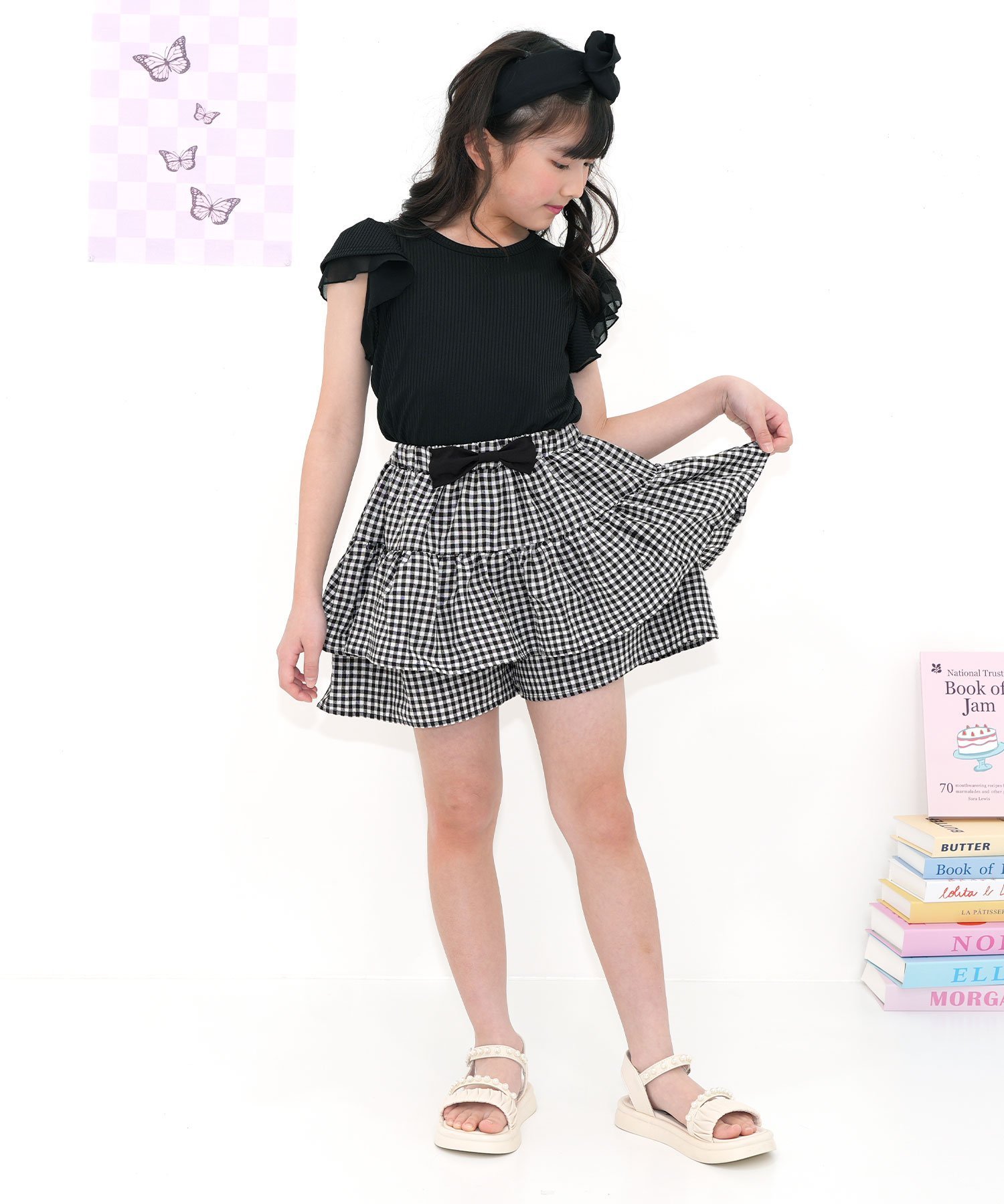 Шорты с лентами и оборками, детская одежда для девочек, Пчела Bee, Black Gingham — фото 2