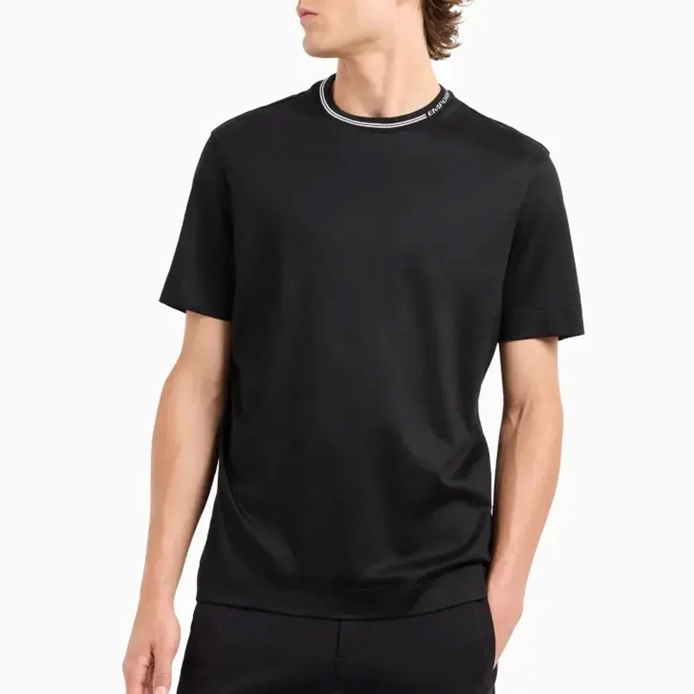 Футболка из смесового лиоцелла с логотипом на воротнике EMPORIO ARMANI, Black — фото 3