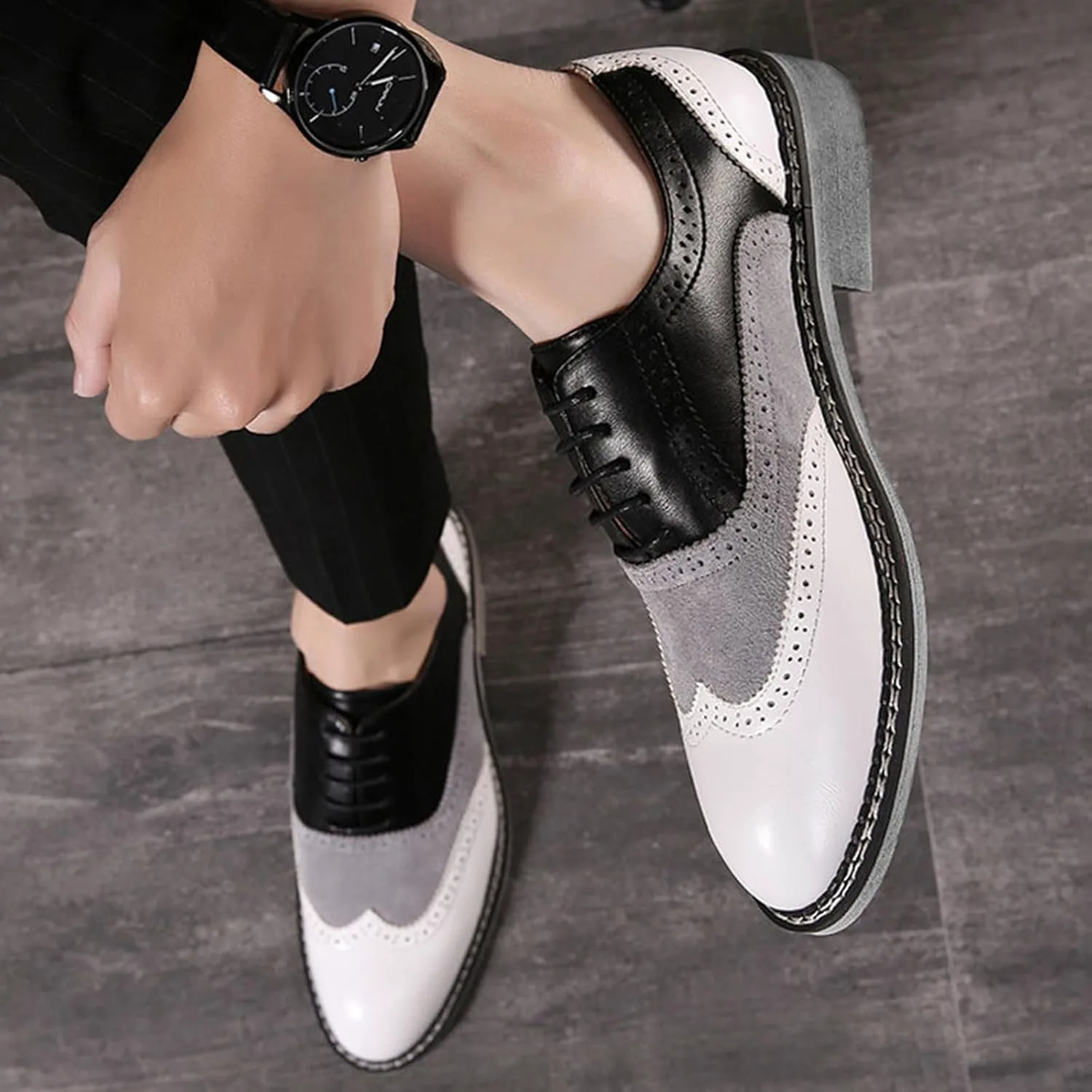 Мужские оксфорды с крыльями, двухцветные, с декоративной строчкой: модные классические кожаные туфли на шнуровке с круглым носком и низким верхом GLBDU, черный — фото 2