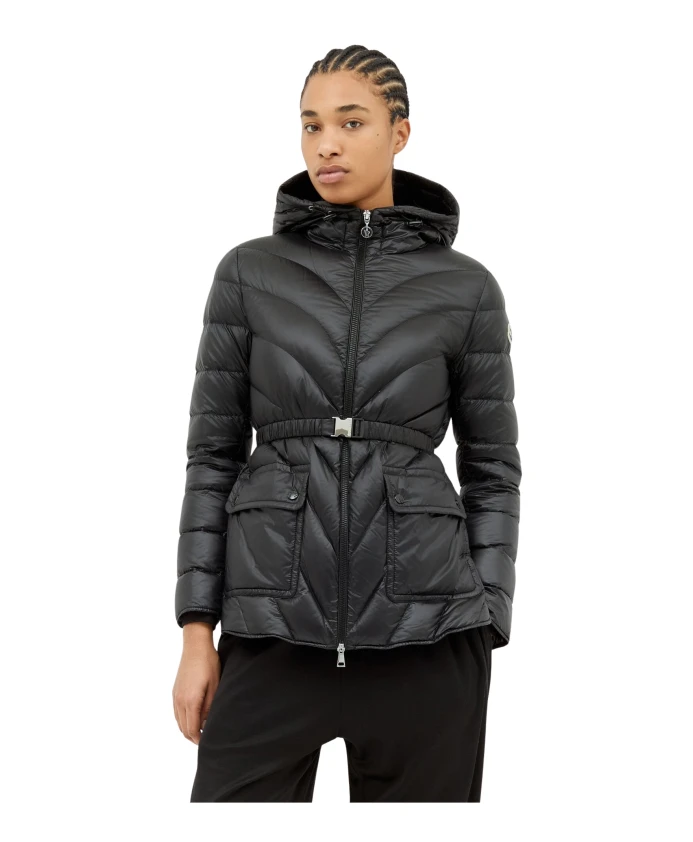 

Утепленный пуховик с капюшоном и поясом Moncler, черный