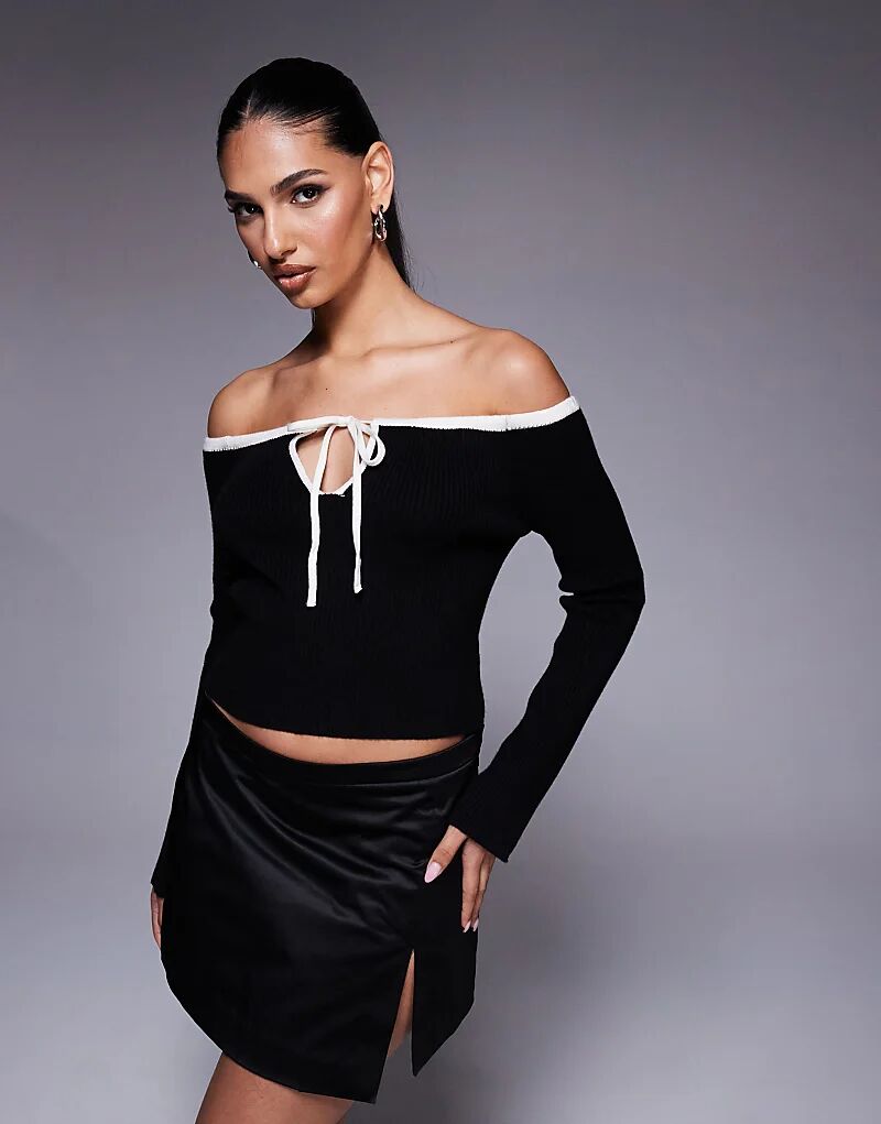 

Вязаный свитер ASOS DESIGN с открытыми плечами и контрастной отделкой черного цвета