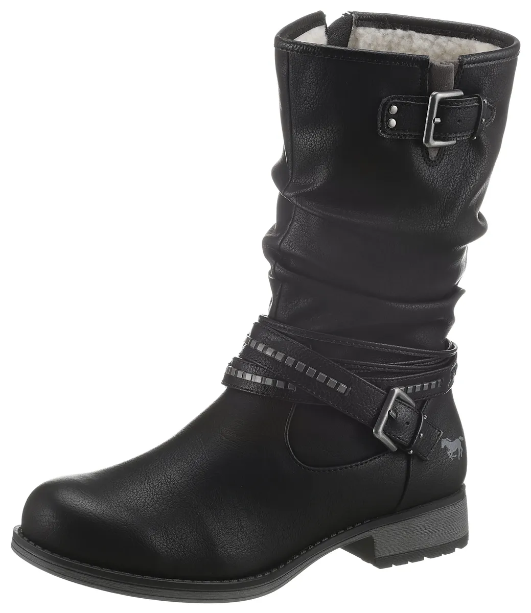 Зимние ботинки Mustang Shoes с декоративными пряжками на голенище с напуском, черный