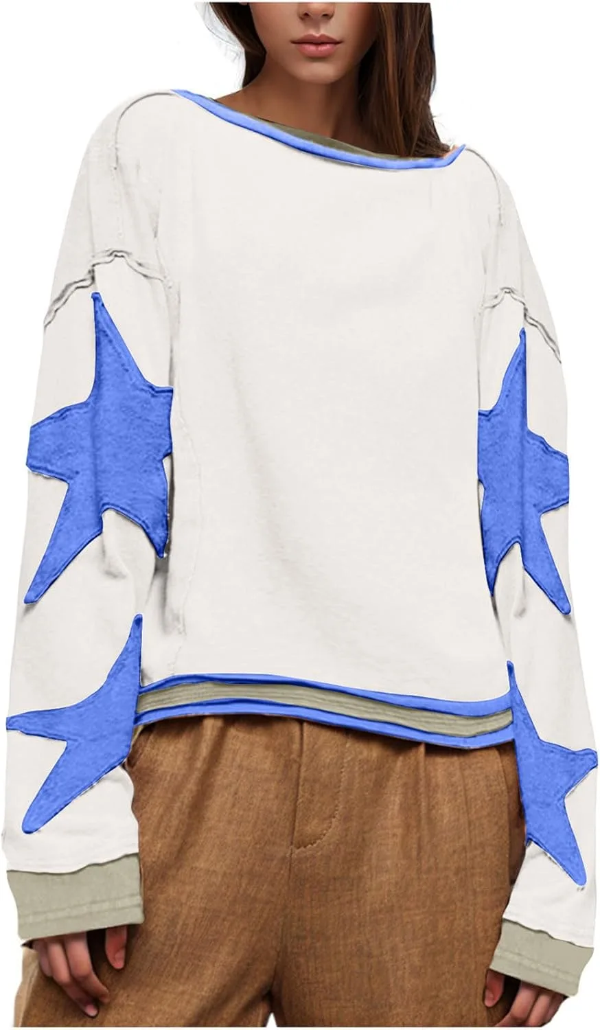 

Oversized топ для женщин 2024 трендовая casual длинный рукав комфортный patchwork crewneck pullover oiangi