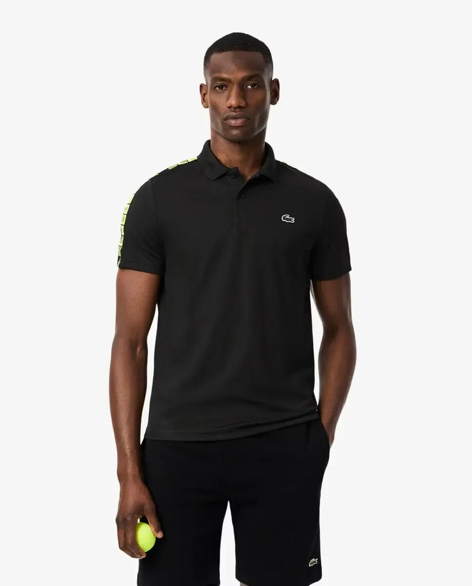 Мужская теннисная футболка поло с полоской от бренда Ultra-Dry с коротким рукавом Lacoste, черный