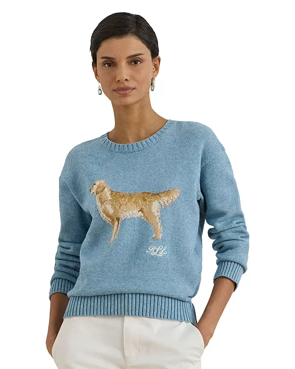 Вязаный свитер с изображением золотистого ретривера в технике интарсии Ralph Lauren, Blue/Heather