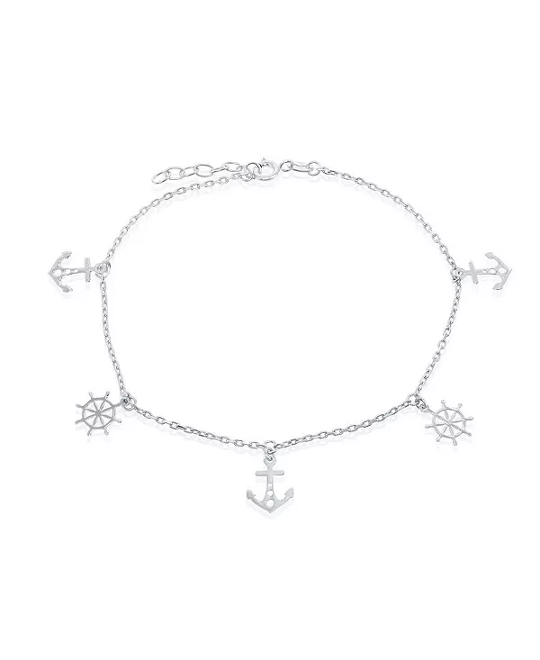 

Серебряный браслет на ногу с чередующимися якорями и штурвалами Simona, silver