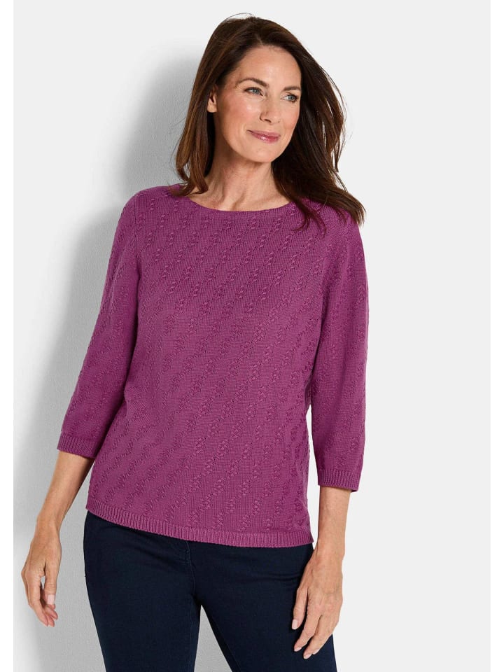 

Хлопковый трикотажный свитер с короткими рукавами и текстурой ягодного цвета GOLDNER