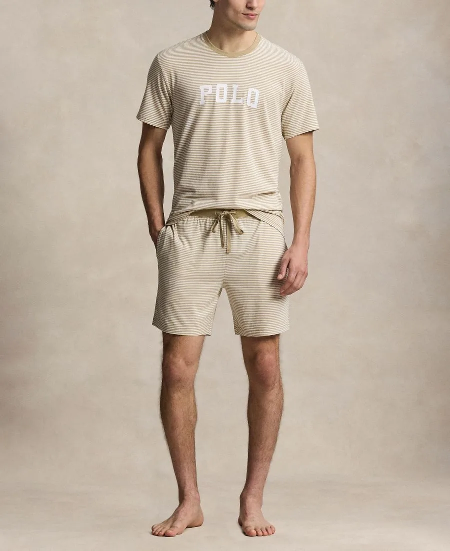 Мужская пижамная футболка с коротким рукавом Polo Ralph Lauren, classic хаки/белый tick stripe/белый logo — фото 2