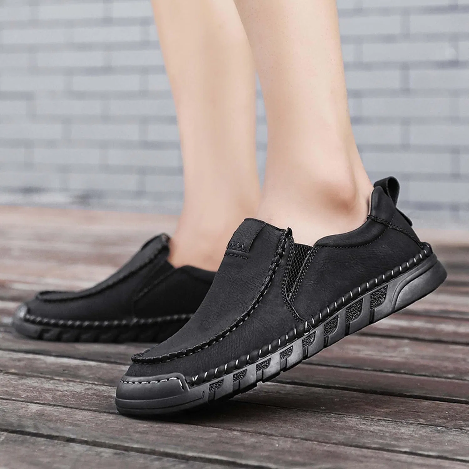 Кроссовки для ходьбы мужские Premium Leather, Black — фото 4