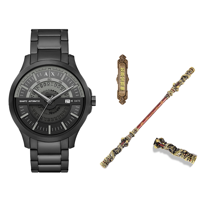 

ARMANI EXCHANGE Наручные часы AE Darth Vader Armani с кварцевым механизмом Kinetic и ремешком из нержавеющей стали с черным циферблатом. Мужские часы